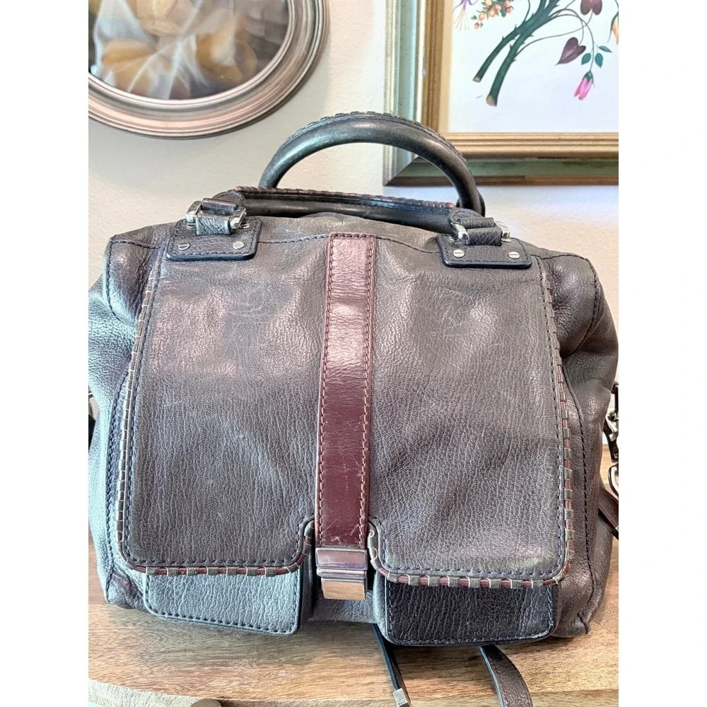 Botkier‎ Dark Gray Pebbled Leather Satchel Crossbody Purse Brown Trim